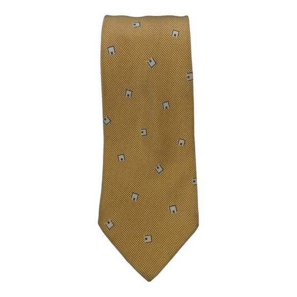 Vintage Fendi Gold With White Blue Square Print 100% Silk Neck Tie - Picture 1 of 5